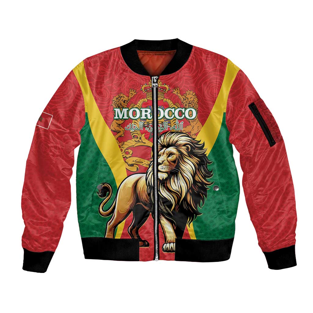 Personalised Morocco Proclamation Day Sleeve Zip Bomber Jacket Barbary Lion Mix Islamic Pattern