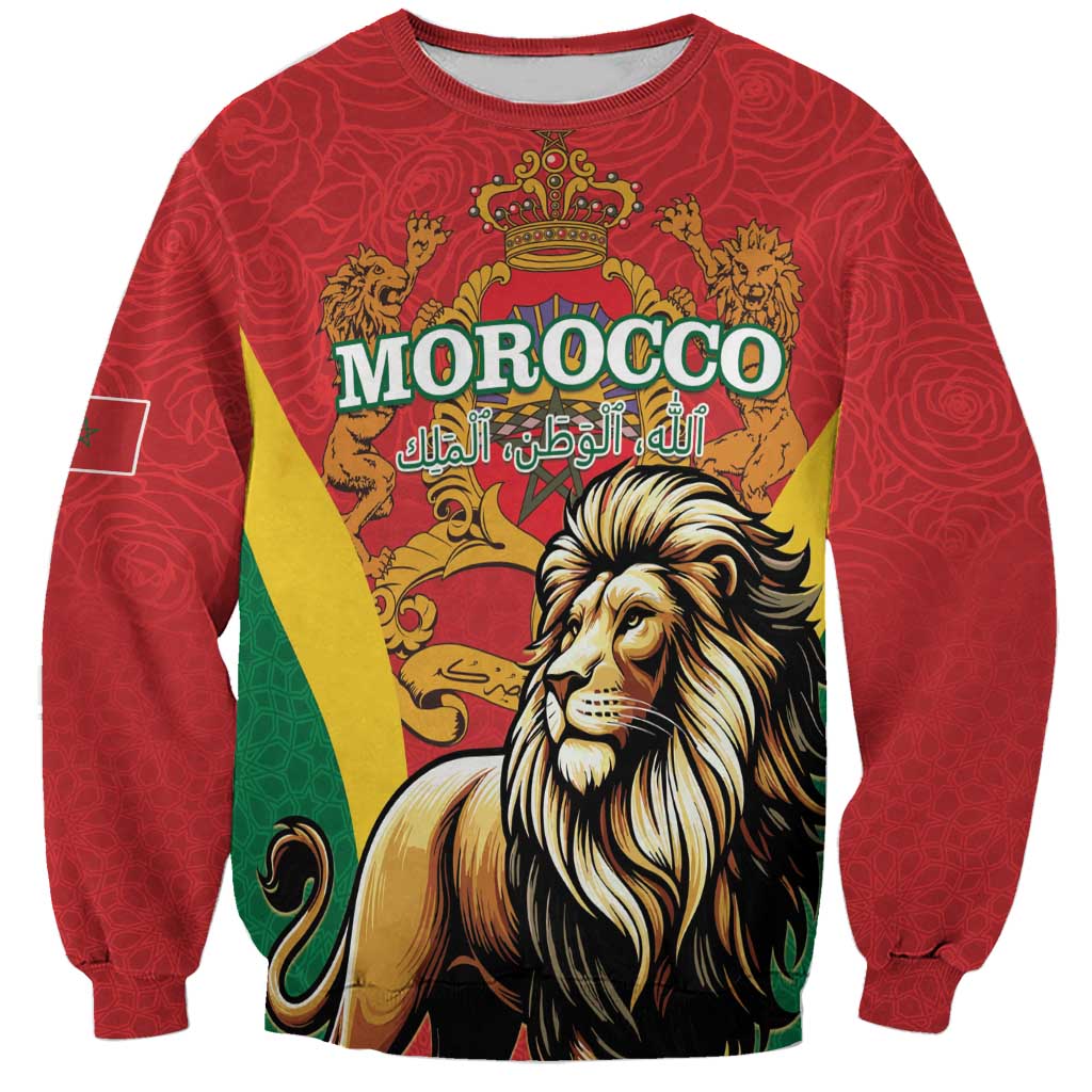 Red crewneck sweatshirt with lion crest graphic, long sleeves, pullover style