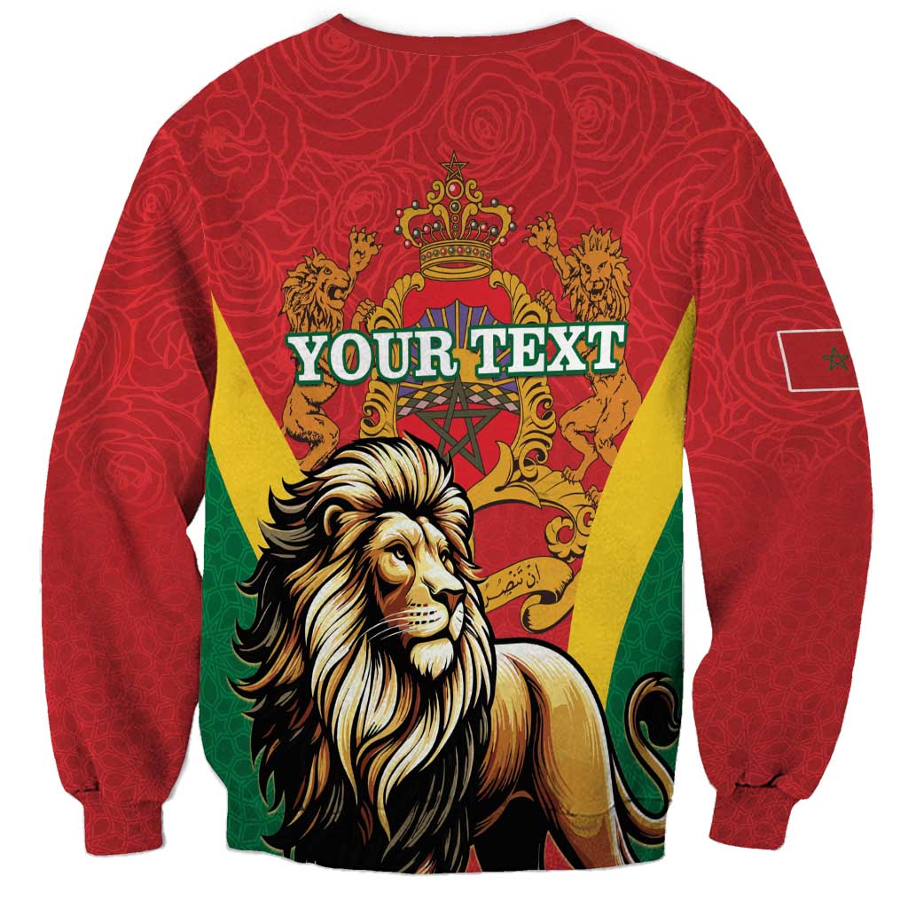 Red crewneck sweatshirt with lion crest and 'YOUR TEXT' front graphic, long sleeves