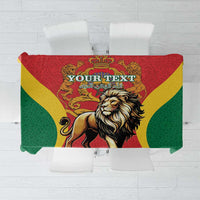 Personalized red tablecloth with lion emblem and green-yellow geometric border
