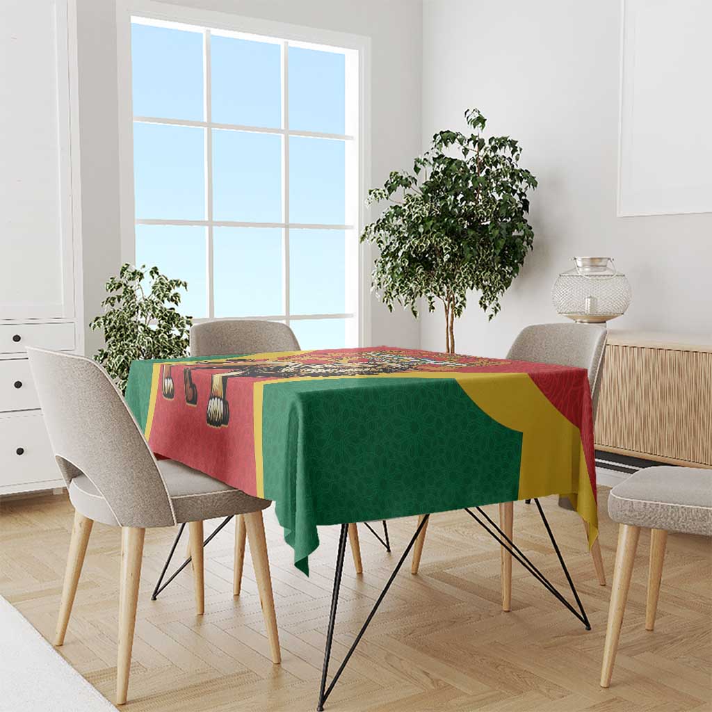 Red tablecloth with lion-inspired design, green and yellow side panels
