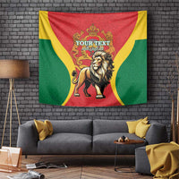 Morocco proclamation day tapestry, lion crest with 'YOUR TEXT' on red, green, yellow