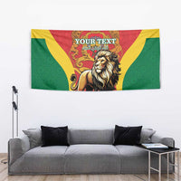 Morocco proclamation day tapestry showing lion crest and 'YOUR TEXT' with red green yellow