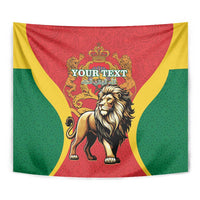 Morocco proclamation day tapestry close view: lion crest with 'YOUR TEXT' on red and green