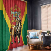 Personalized window curtain panel in red, yellow, and green with lion and “Your Text”