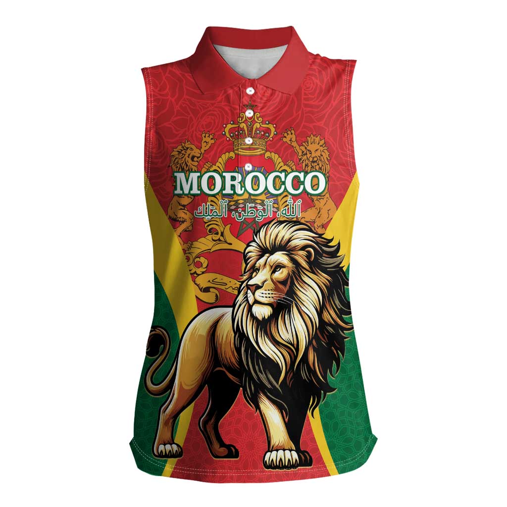 Personalised Morocco Proclamation Day Women Sleeveless Polo Shirt Barbary Lion Mix Islamic Pattern - Wonder Print Shop