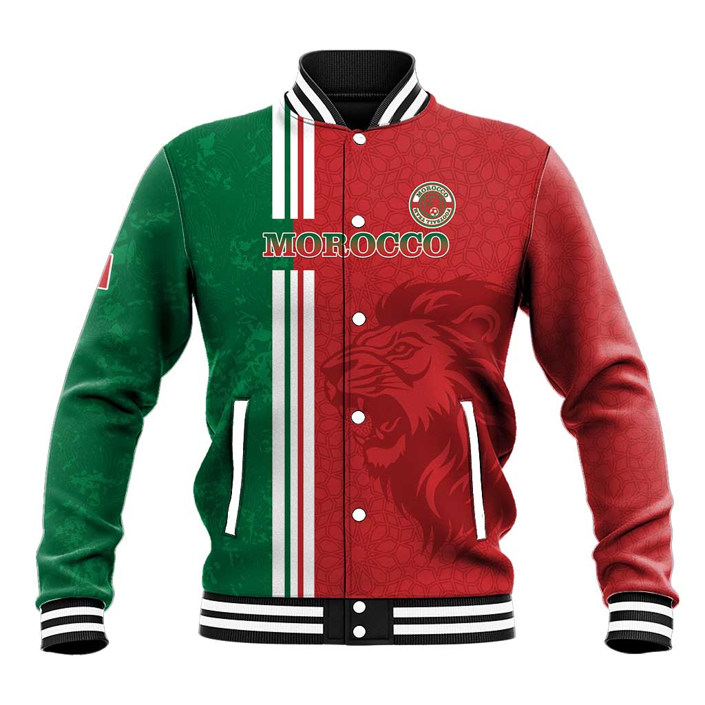 Red and green Morocco varsity baseball jacket with striped collar, snap buttons, lion emblem