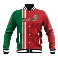 Red and green Morocco varsity baseball jacket with striped collar, snap buttons, lion emblem