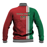 Back of red and green varsity jacket with striped ribbed hem and lion graphic, number 15