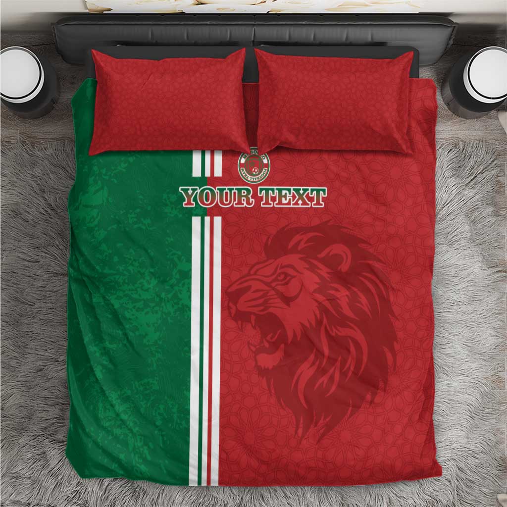 Red and green football bedding set with tricolor stripes, lion graphic, and two pillows
