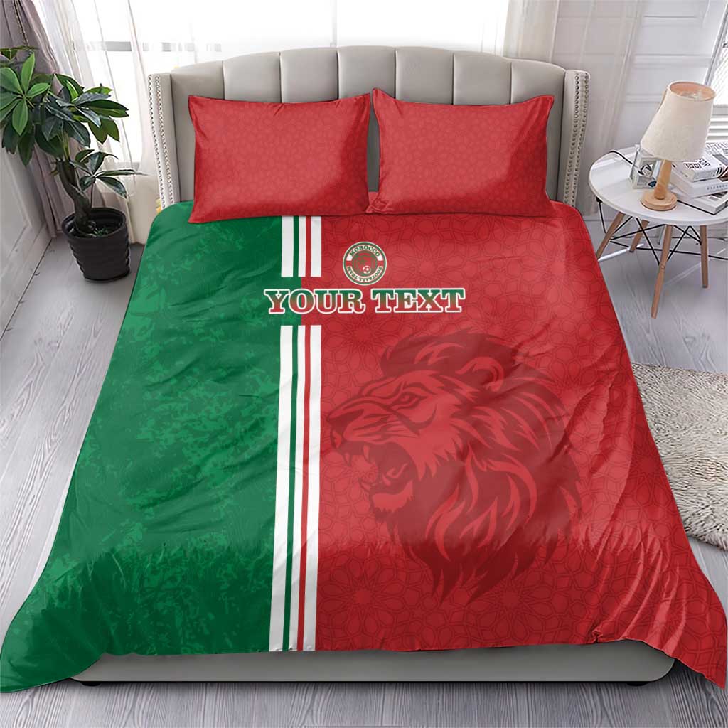 Red and green football duvet set with tricolor stripes, lion print, and two square pillows