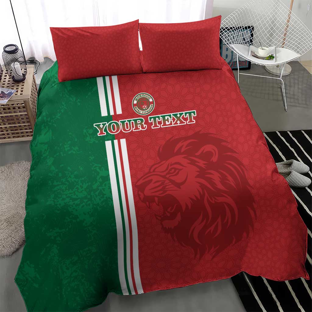 Red and green football bedding set with tricolor stripes, lion face print, and two pillows