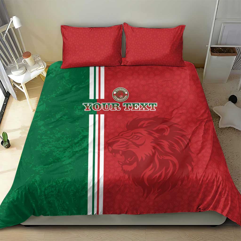 Red and green football duvet set with tricolor stripes, lion graphic, and two red pillows