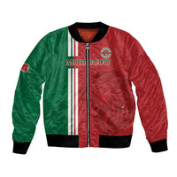 Bomber jacket with red-and-green satin, front zipper, striped center panel, crest patch