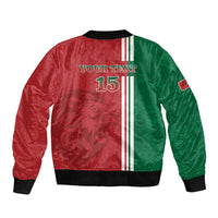 Bomber jacket with red-and-green satin, back graphic text 'YOUR TEXAS 15' and lion