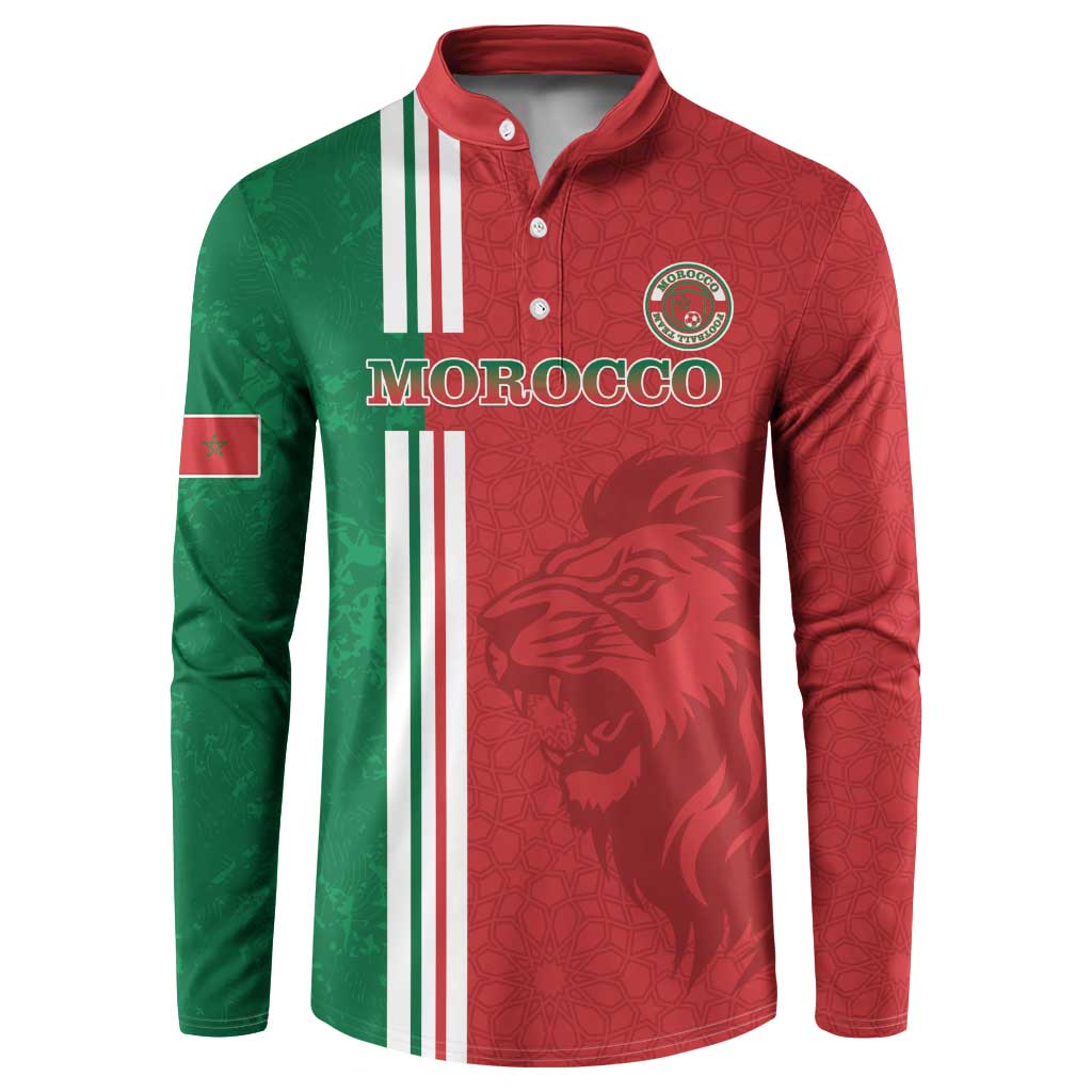 Red and green football button sweatshirt with MOROCCO text, stripes, lion graphic and crest