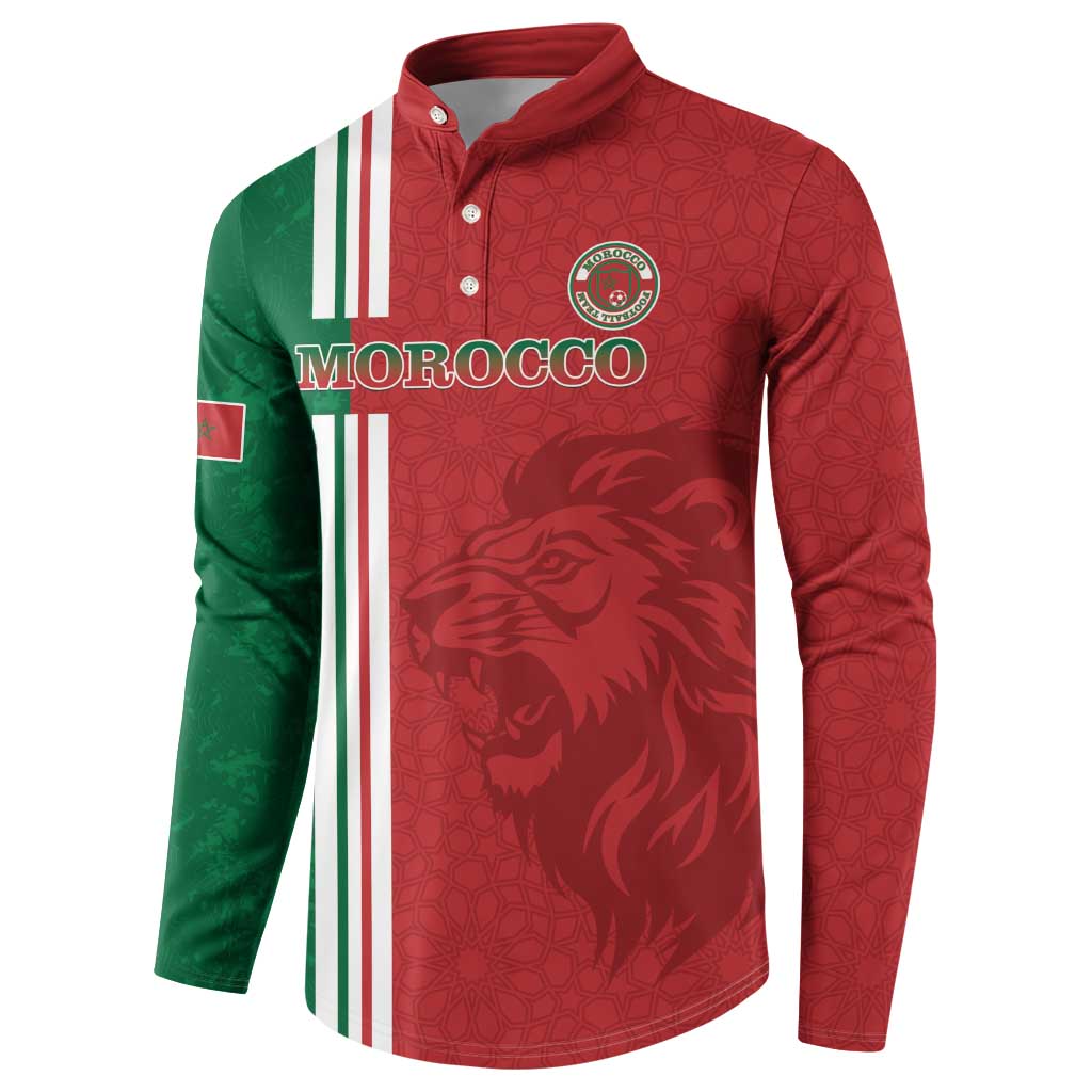 Red football button sweatshirt with MOROCCO text, crest patch, stripes and lion graphic