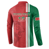 Back view of red and green football button sweatshirt with YOUR TEXT 15, lion graphic