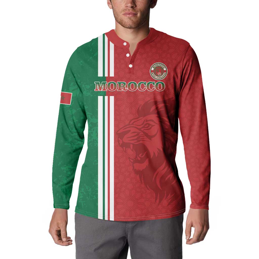 Red and green football button sweatshirt with MOROCCO front text, crest and lion emblem