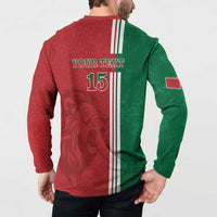 Back view of red and green football button sweatshirt with YOUR TEXT 15 and side stripes