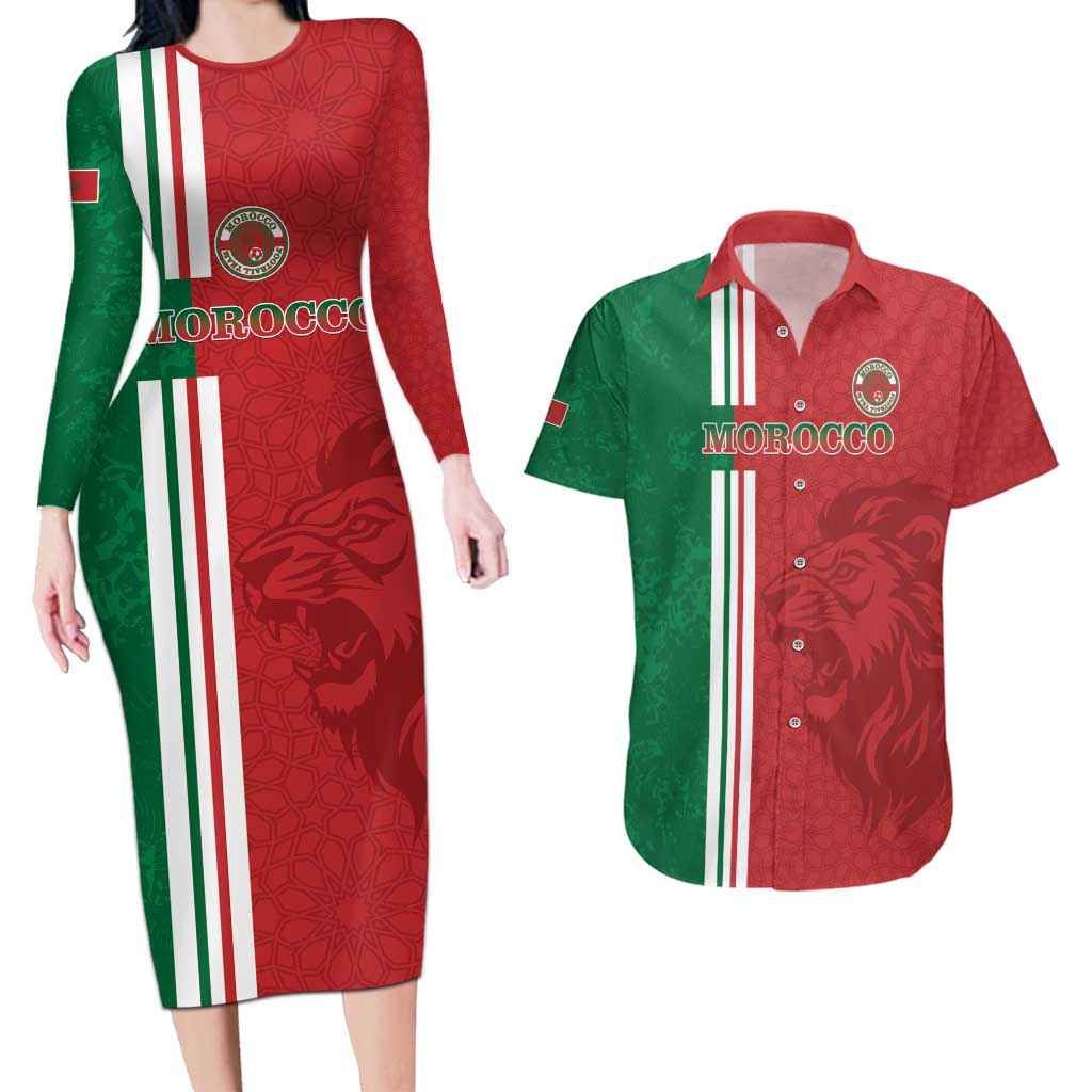 Custom Morocco Football Couples Matching Long Sleeve Bodycon Dress and Hawaiian Shirt Go Atlas Lions