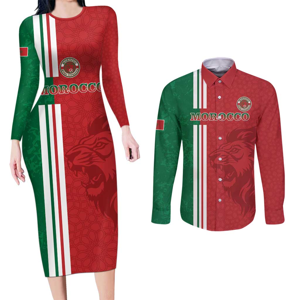 Custom Morocco Football Couples Matching Long Sleeve Bodycon Dress and Long Sleeve Button Shirt Go Atlas Lions