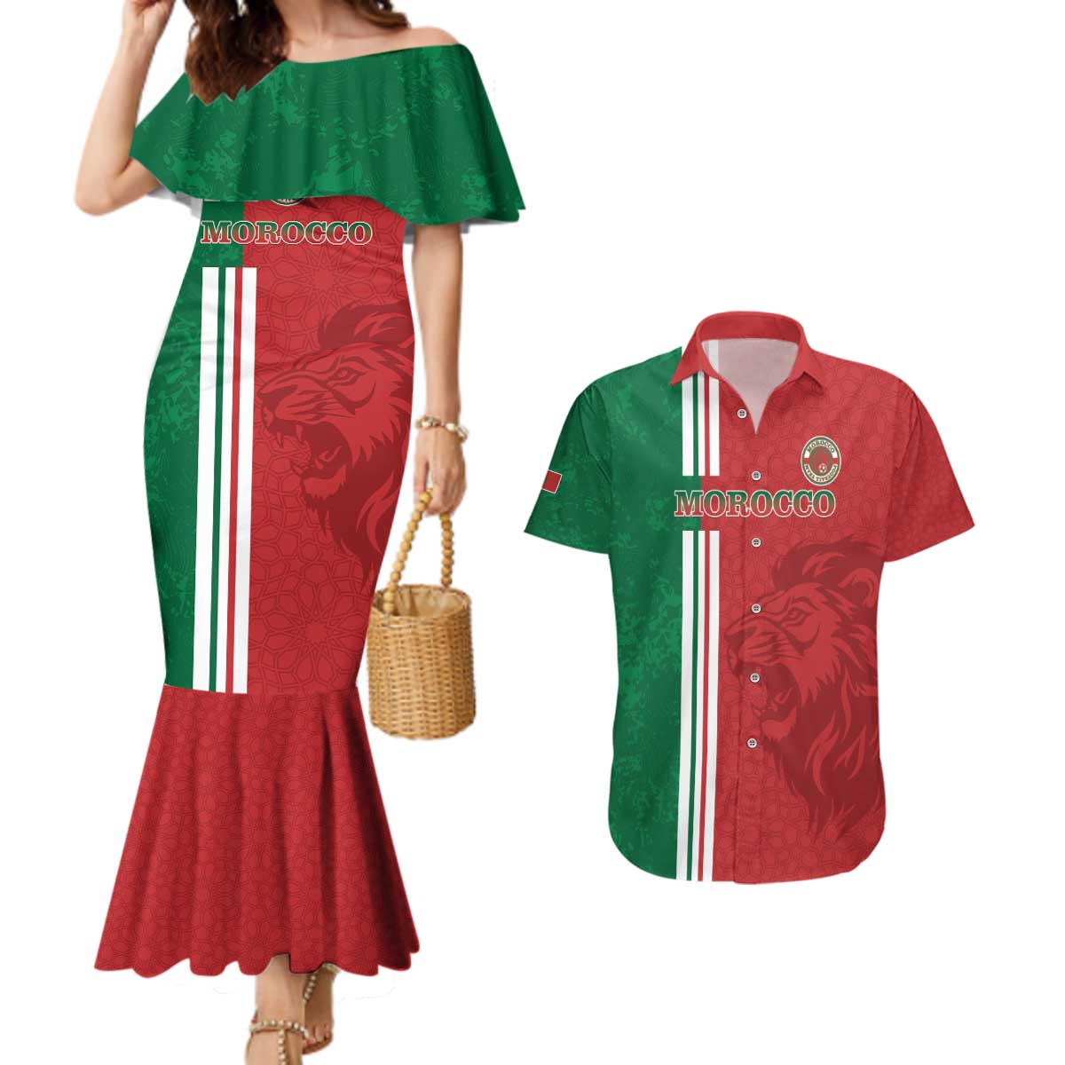 Custom Morocco Football Couples Matching Mermaid Dress and Hawaiian Shirt Go Atlas Lions