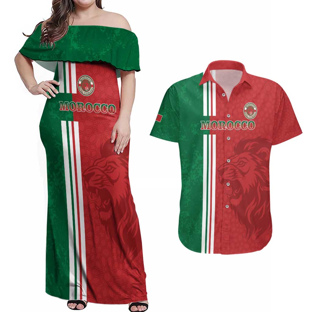 Custom Morocco Football Couples Matching Off Shoulder Maxi Dress and Hawaiian Shirt Go Atlas Lions