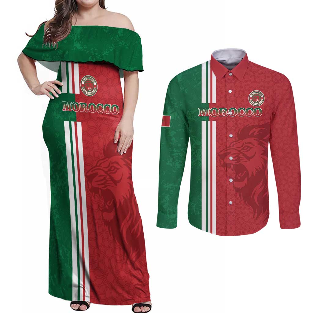 Custom Morocco Football Couples Matching Off Shoulder Maxi Dress and Long Sleeve Button Shirt Go Atlas Lions