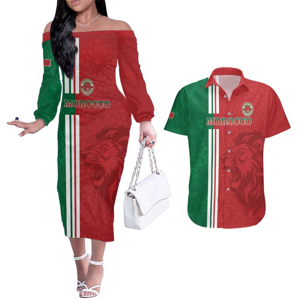 Custom Morocco Football Couples Matching Off The Shoulder Long Sleeve Dress and Hawaiian Shirt Go Atlas Lions