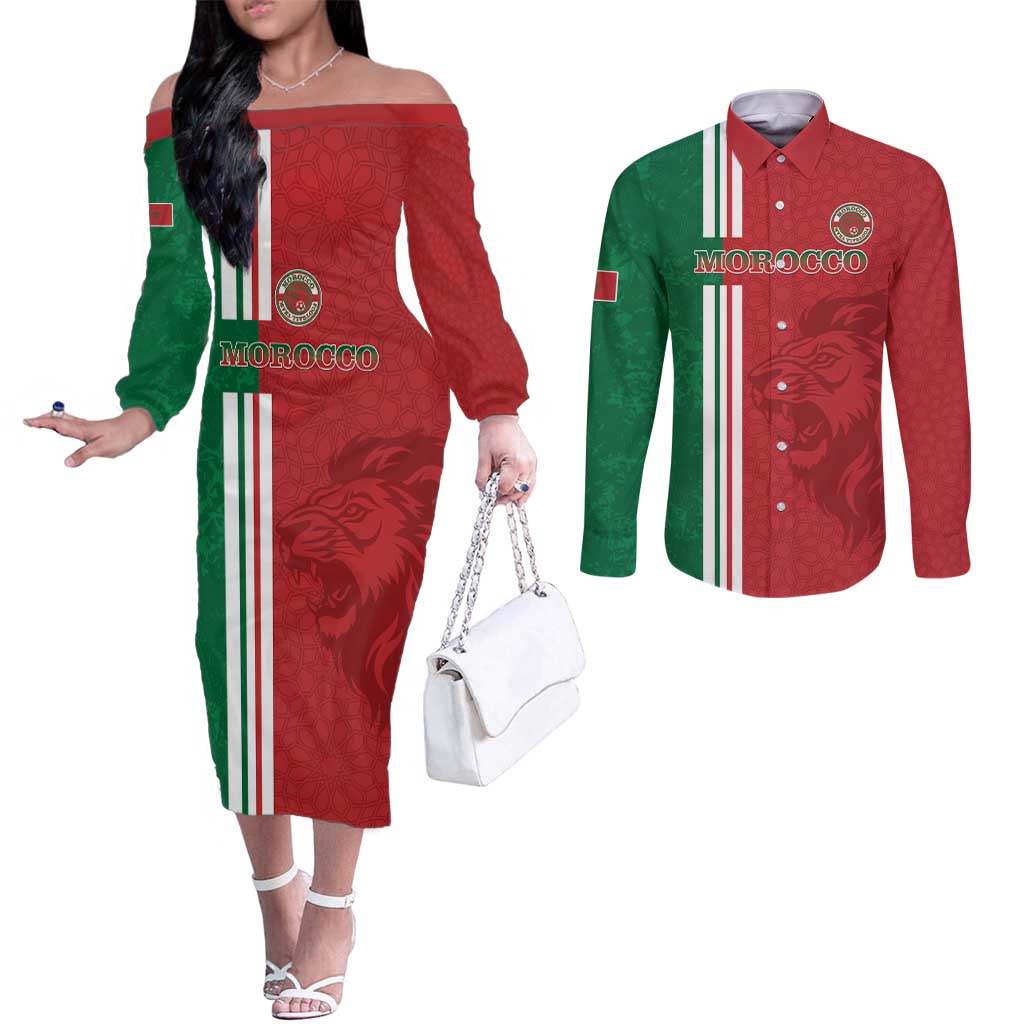 Custom Morocco Football Couples Matching Off The Shoulder Long Sleeve Dress and Long Sleeve Button Shirt Go Atlas Lions