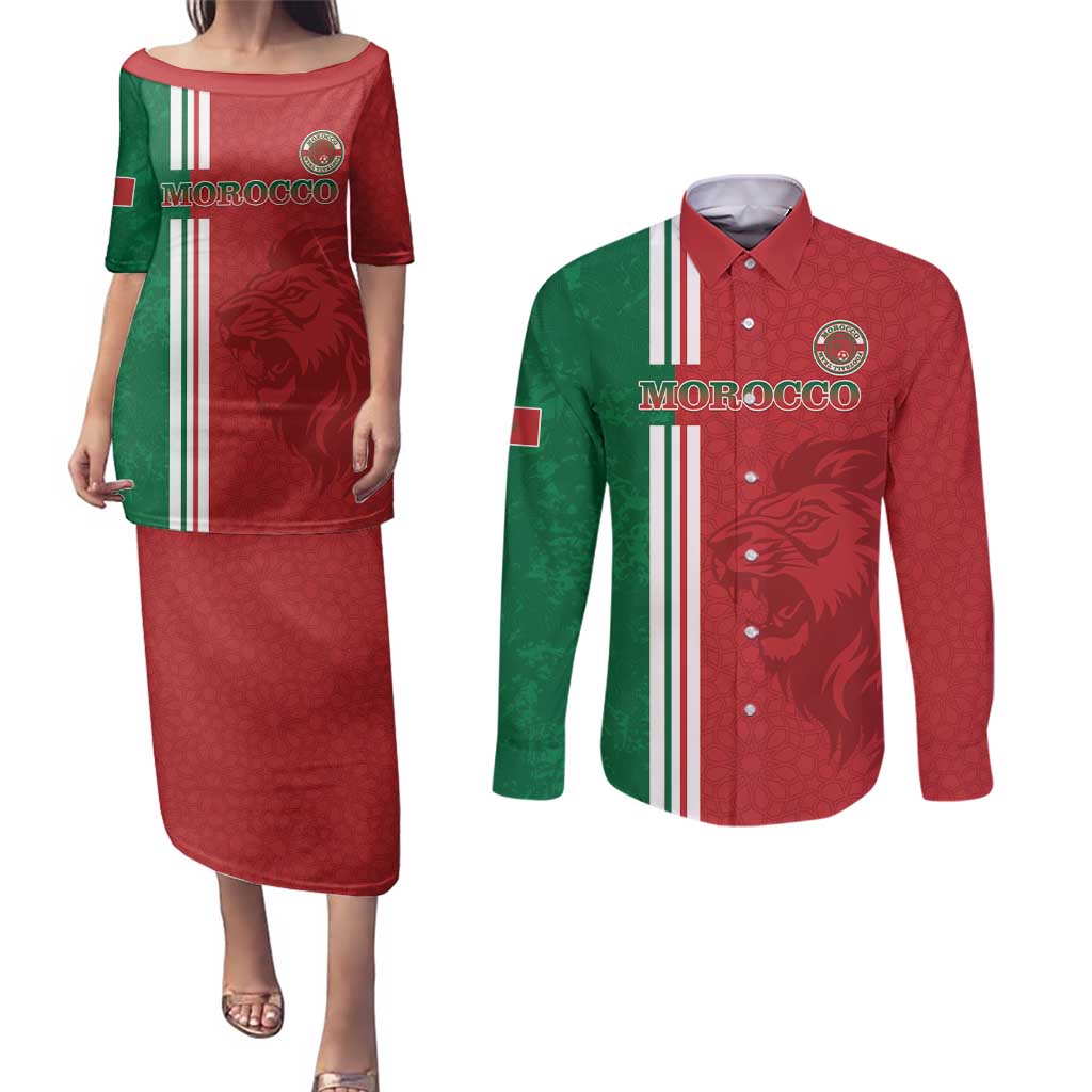 Custom Morocco Football Couples Matching Puletasi and Long Sleeve Button Shirt Go Atlas Lions