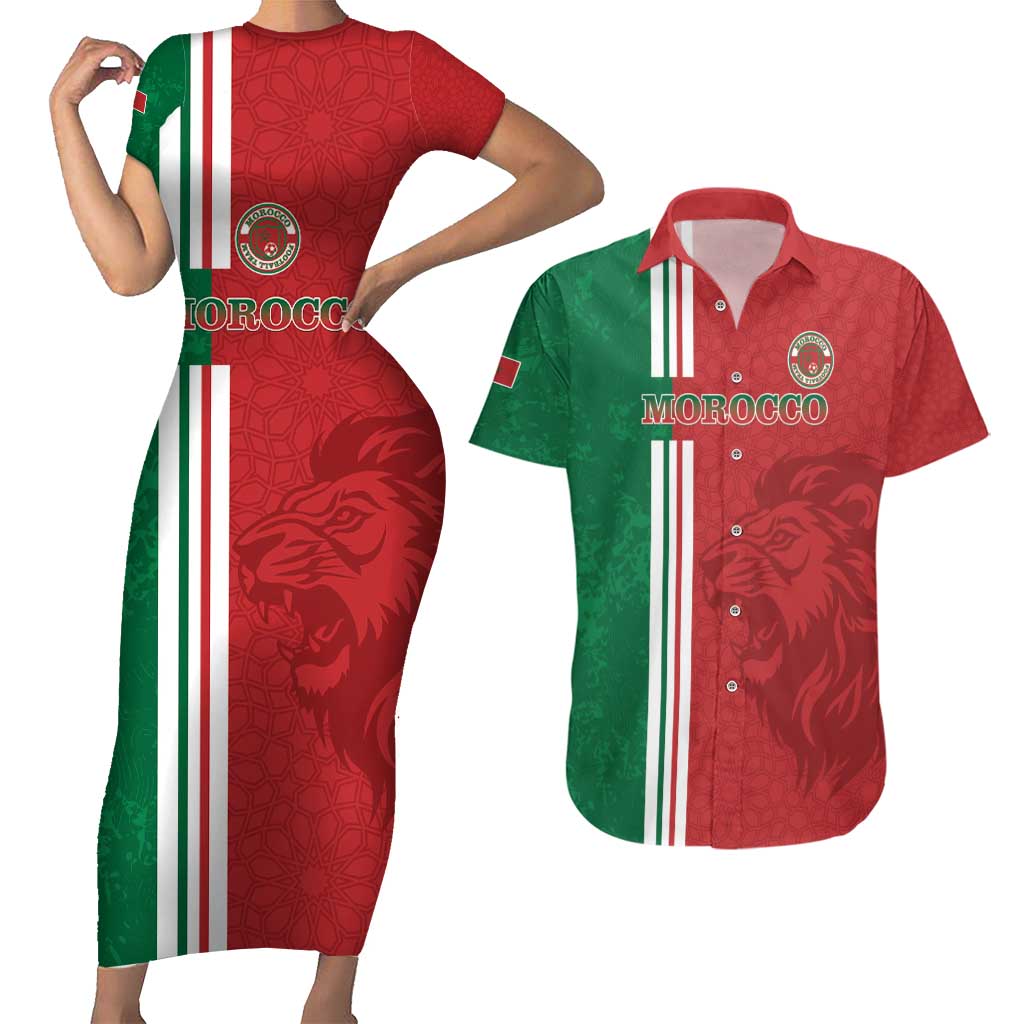 Custom Morocco Football Couples Matching Short Sleeve Bodycon Dress and Hawaiian Shirt Go Atlas Lions