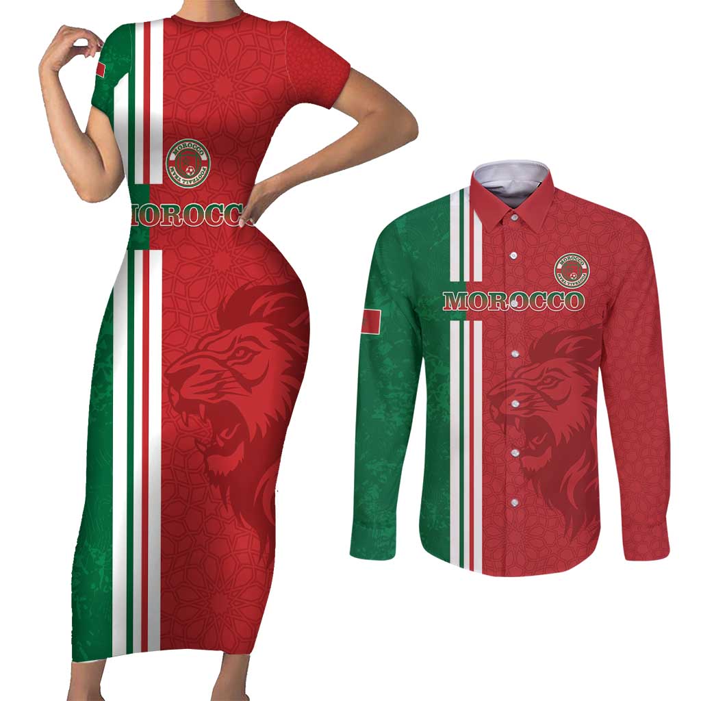 Custom Morocco Football Couples Matching Short Sleeve Bodycon Dress and Long Sleeve Button Shirt Go Atlas Lions