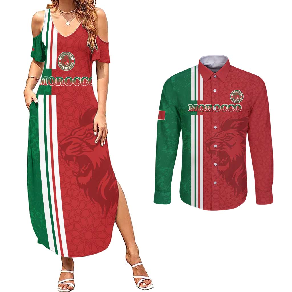 Custom Morocco Football Couples Matching Summer Maxi Dress and Long Sleeve Button Shirt Go Atlas Lions