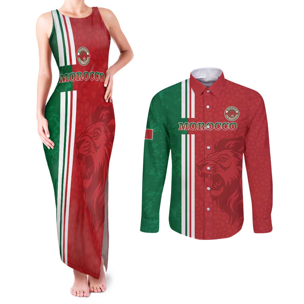 Custom Morocco Football Couples Matching Tank Maxi Dress and Long Sleeve Button Shirt Go Atlas Lions