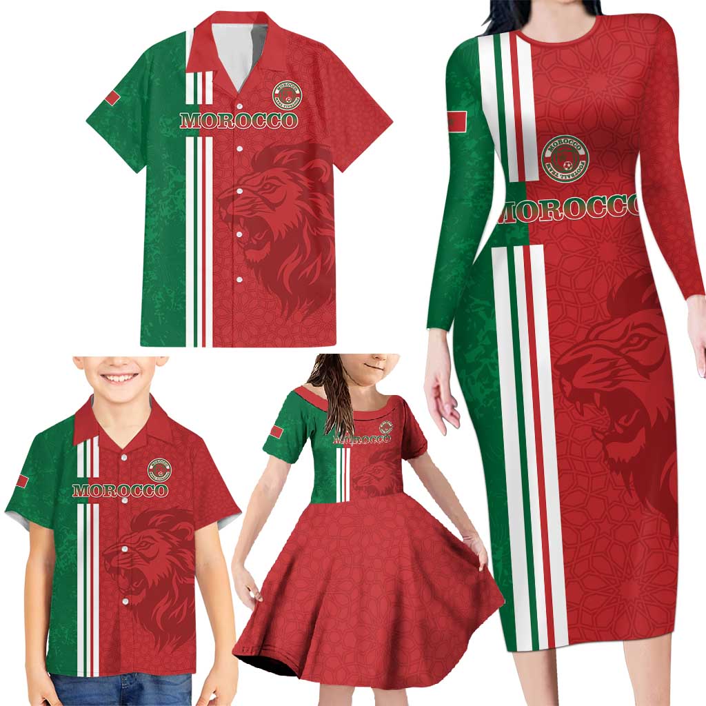 Custom Morocco Football Family Matching Long Sleeve Bodycon Dress and Hawaiian Shirt Go Atlas Lions