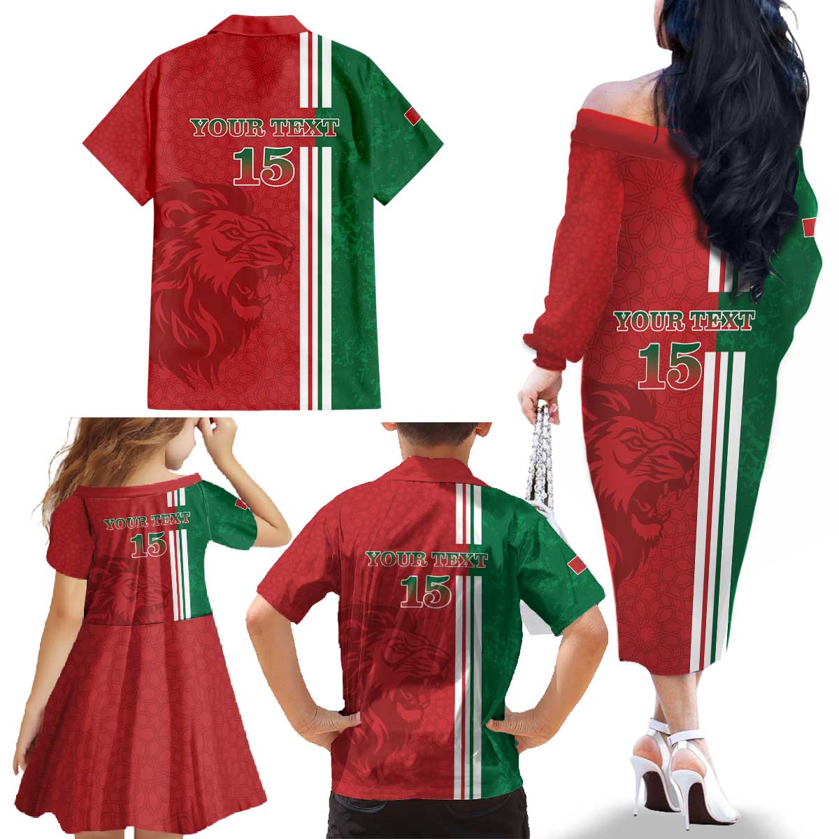 Custom Morocco Football Family Matching Off The Shoulder Long Sleeve Dress and Hawaiian Shirt Go Atlas Lions