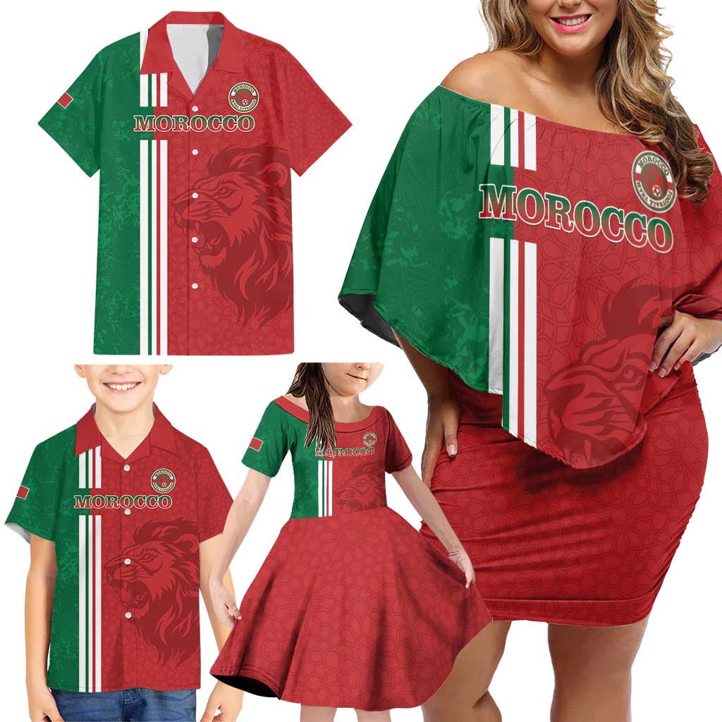 Custom Morocco Football Family Matching Off Shoulder Short Dress and Hawaiian Shirt Go Atlas Lions