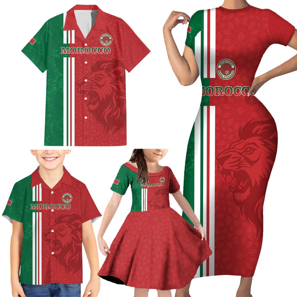 Custom Morocco Football Family Matching Short Sleeve Bodycon Dress and Hawaiian Shirt Go Atlas Lions