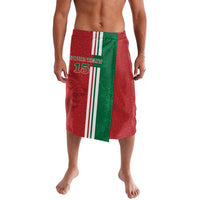 Red, green and white-striped soccer-style lavalava skirt with number 15 front design