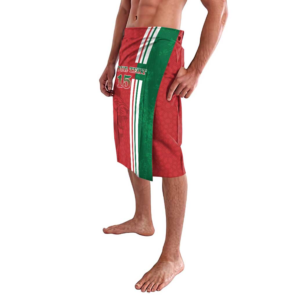 Red lavalava skirt with green panel and vertical stripe design, side view