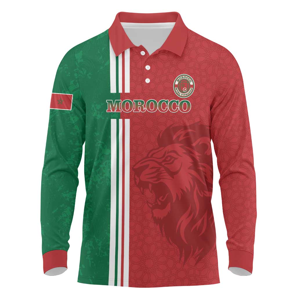 Custom Morocco Football Long Sleeve Polo Shirt Go Atlas Lions - Wonder Print Shop