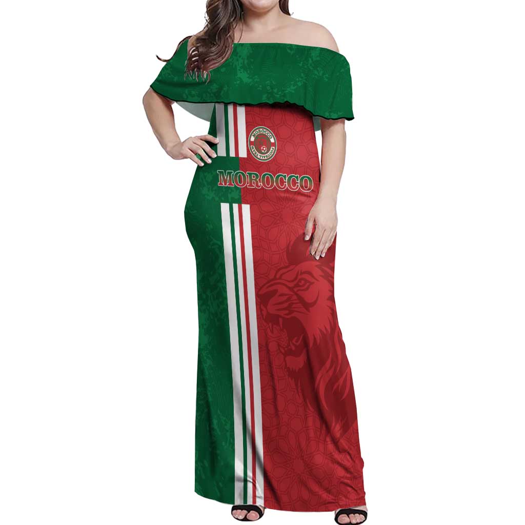 Custom Morocco Football Off Shoulder Maxi Dress Go Atlas Lions - Wonder Print Shop