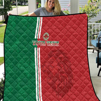 Morocco football quilt with red and green panels, white triple stripe, custom text
