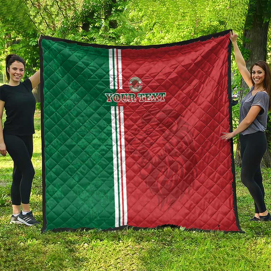 Morocco football quilt, large red and green quilted blanket with white triple stripe and emblem