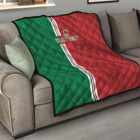 Morocco football quilt on sofa, red and green quilted blanket with white triple stripe