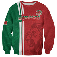 Unisex football sweatshirt, red with green panels, white stripes, Morocco text and lion graphic