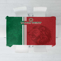 Custom football tablecloth in red and green with lion emblem and striped trim