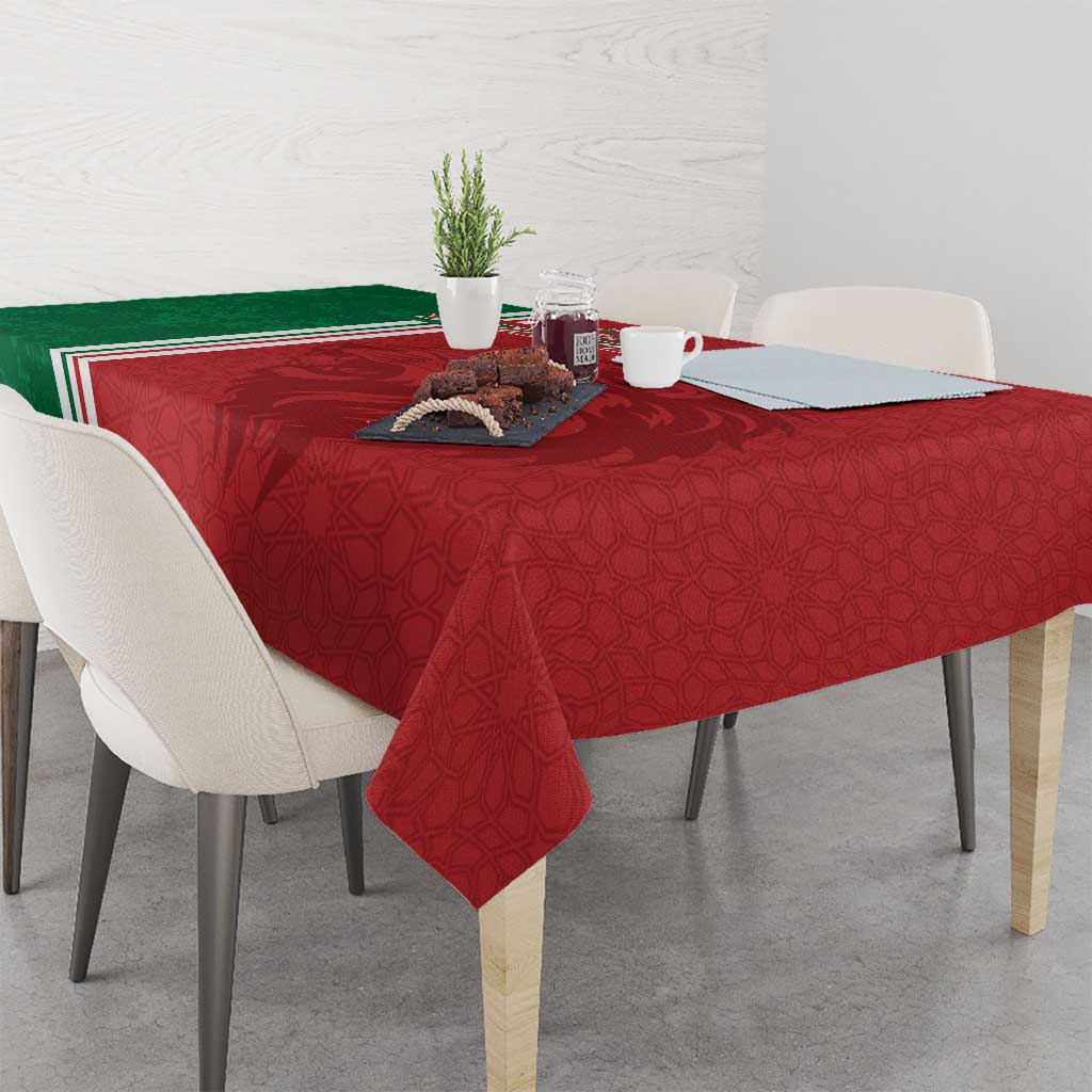 Red patterned football tablecloth with green-striped edge and straight corner drop